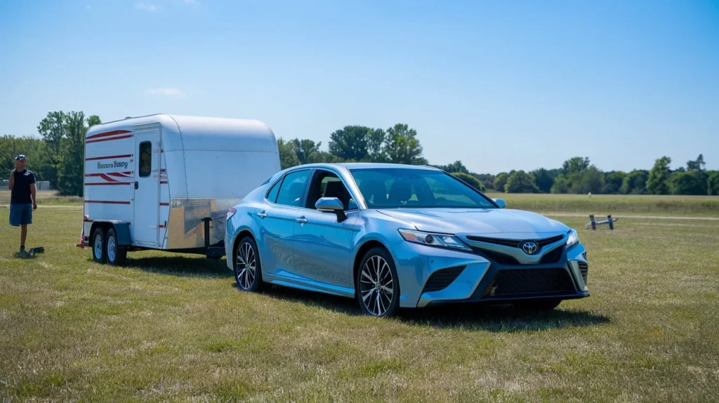 infographic of Best Practices for Safe Towing with a Camry, featuring load balance tips.