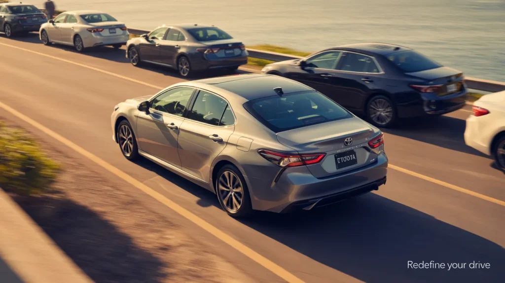 Toyota Camry with sunroof parked beside competitor cars compare Toyota Camry with sunroof vs competitors in style and features