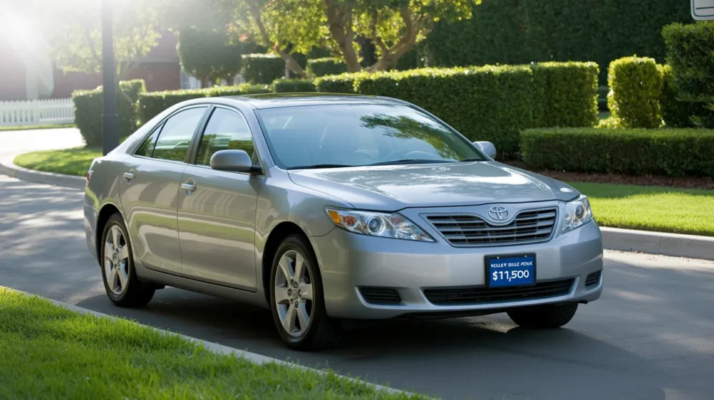 Silver 2007 Toyota Camry parked on street, showing clean design and listed Kelley Blue Book value of $11,500.