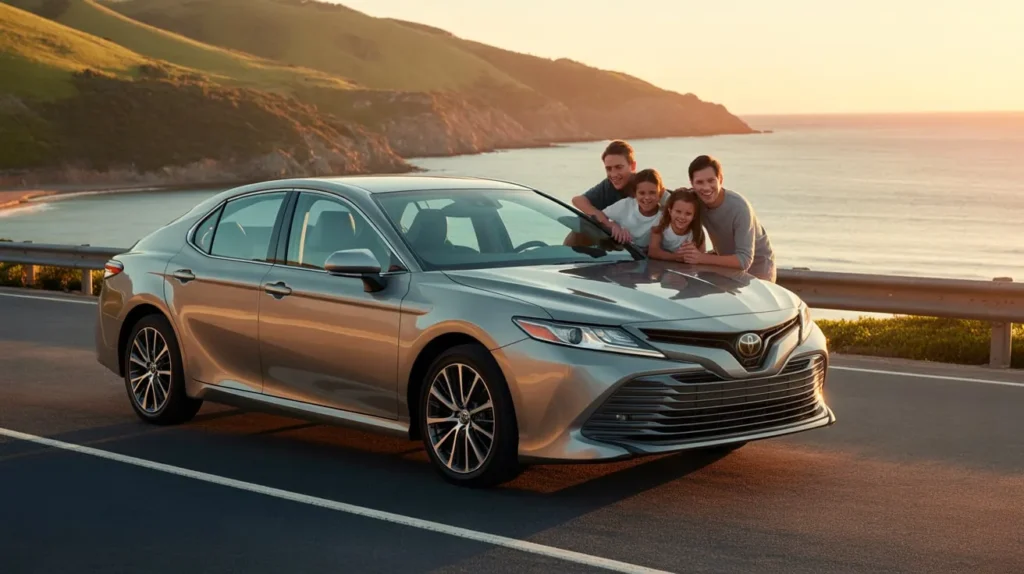 Family enjoying a scenic drive in a Toyota Camry, highlighting its key features that make it a great car for comfort and reliability.