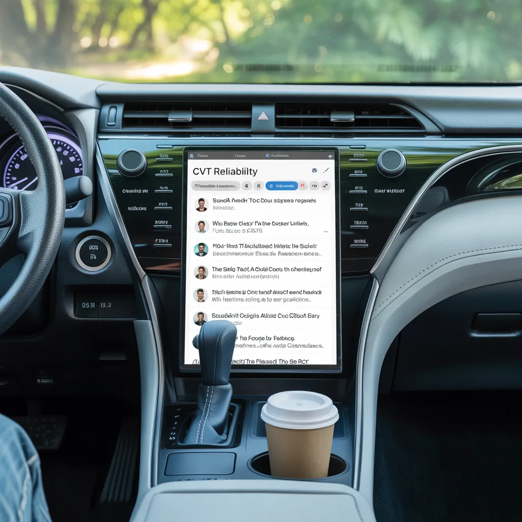 Toyota Camry interior showing CVT reliability discussion with user comments, focusing on owner insights about CVT transmission reliability.