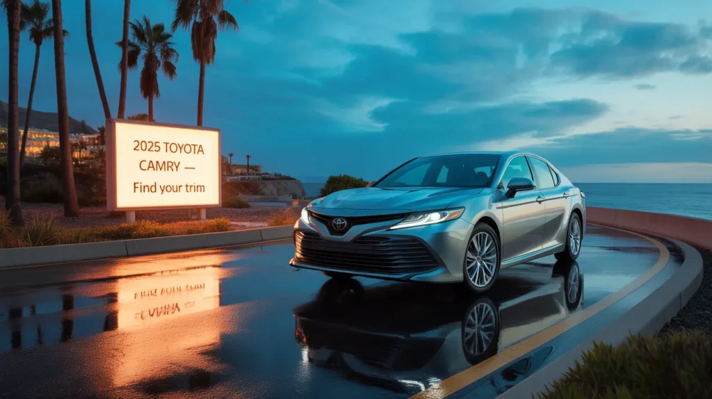 2025 Toyota Camry parked near a sign, highlighting options to find the best trims for 2025. What are the best Toyota Camry trims for 2025?