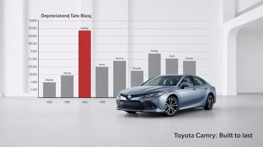 Line graph showing Toyota Camry’s slow depreciation, emphasizing its value retention compared to other cars over time.