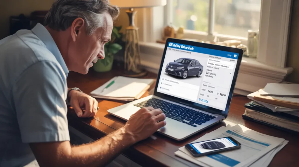 A person using a laptop to research a car on the Kelley Blue Book website, with a smartphone nearby and papers on the desk.
