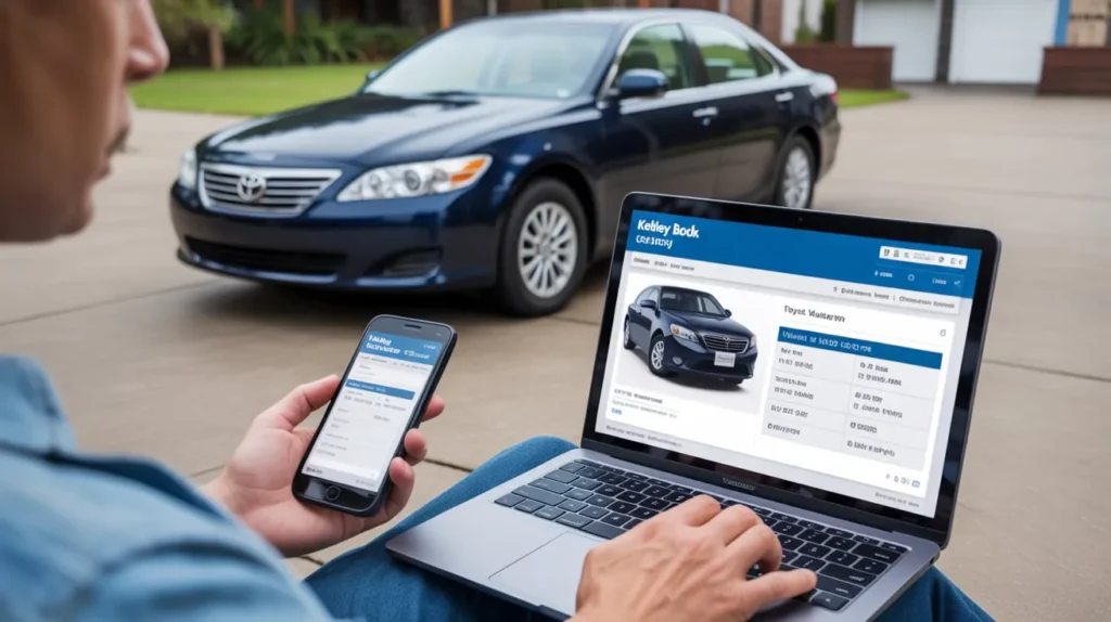 A person compares vehicle information on a phone and laptop while sitting in front of a parked blue Toyota sedan in a driveway.