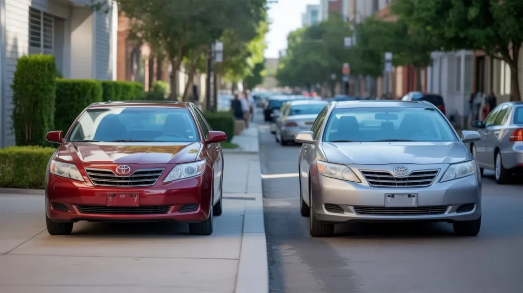 A red Toyota sedan parked on a sidewalk next to a silver Toyota sedan parked on the street in a city neighborhood.