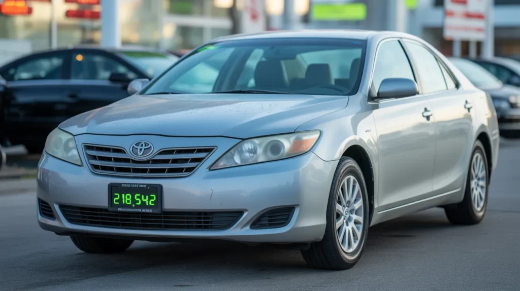 A silver Toyota Camry parked outdoors, showcasing its sleek design and clean lines.A silver Toyota Camry parked outdoors, showcasing its sleek design and clean lines.