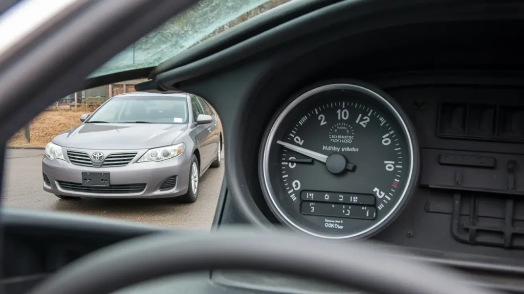 A close-up view of a 2010 Toyota Camry's odometer showing mileage, with another 2010 Camry visible through the windshield.
