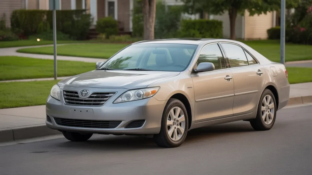 A silver Toyota Camry parked on a residential street, showcasing its sleek design and shiny exterior.