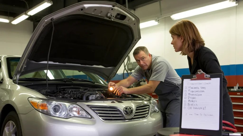 A mechanic inspects a Toyota sedan's engine while a woman observes; a clipboard with checkboxes is in the foreground.
