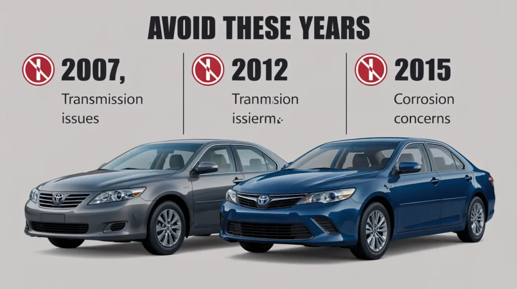 2007, 2012, and 2015 Toyota Camry models with issues like transmission problems and corrosion, suggesting years to avoid.