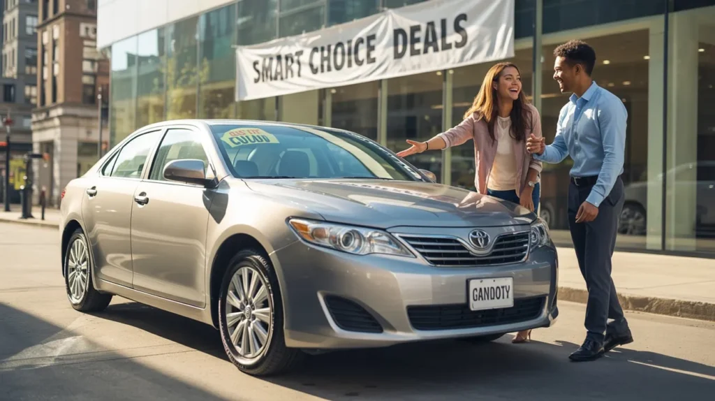 A couple discusses a silver Toyota Camry for sale, with a "CLOUD" sign on the window and a "SMART CHOICE DEALS" banner in the background.