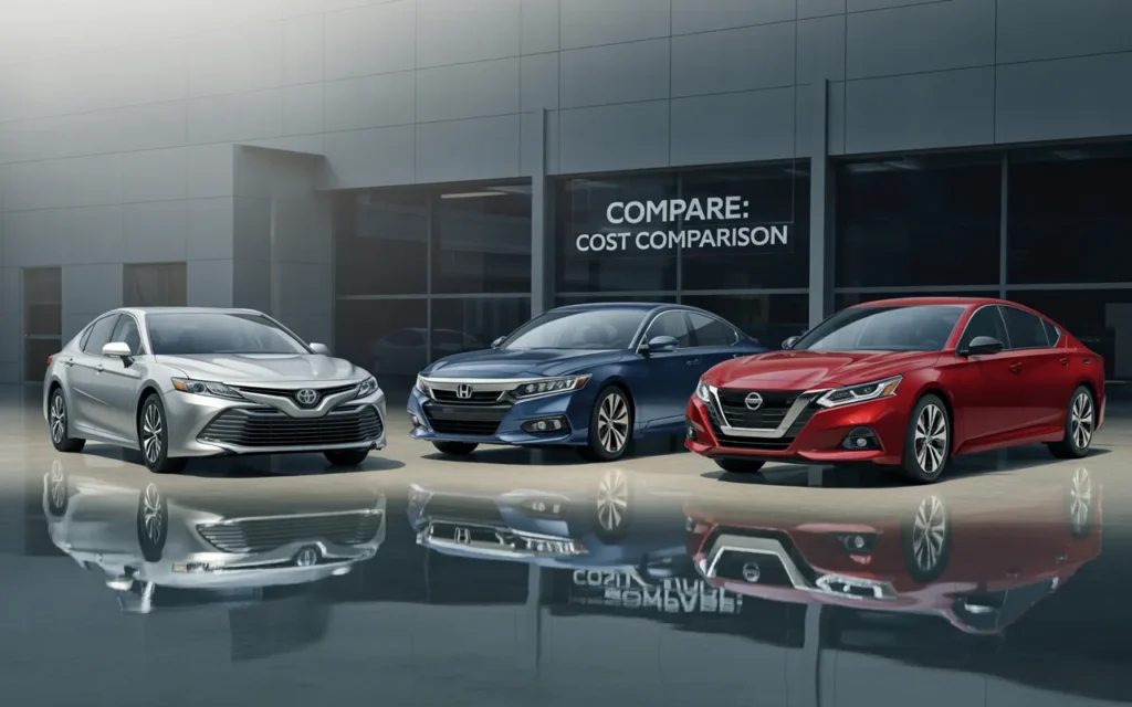 Cost Comparison: Toyota Camry vs. Other Sedans showing Camry, Accord, and Altima side by side in dealership view.