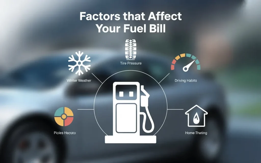 Factors That Affect Your Fuel Bill: winter weather, tire pressure, driving habits, home heating, and fuel efficiency impact.