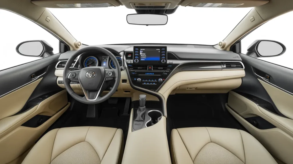 How wide is the interior of a Toyota Camry? Spacious cabin design with modern dashboard, touchscreen, and comfortable seating.