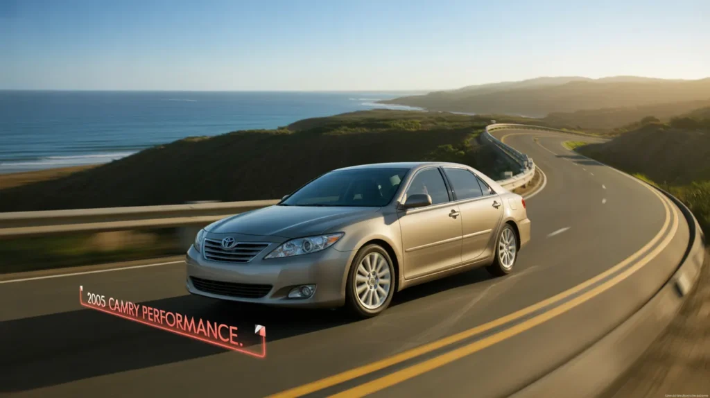 2005 Toyota Camry driving along a coastal road, showcasing the impact of weight on its performance and handling.