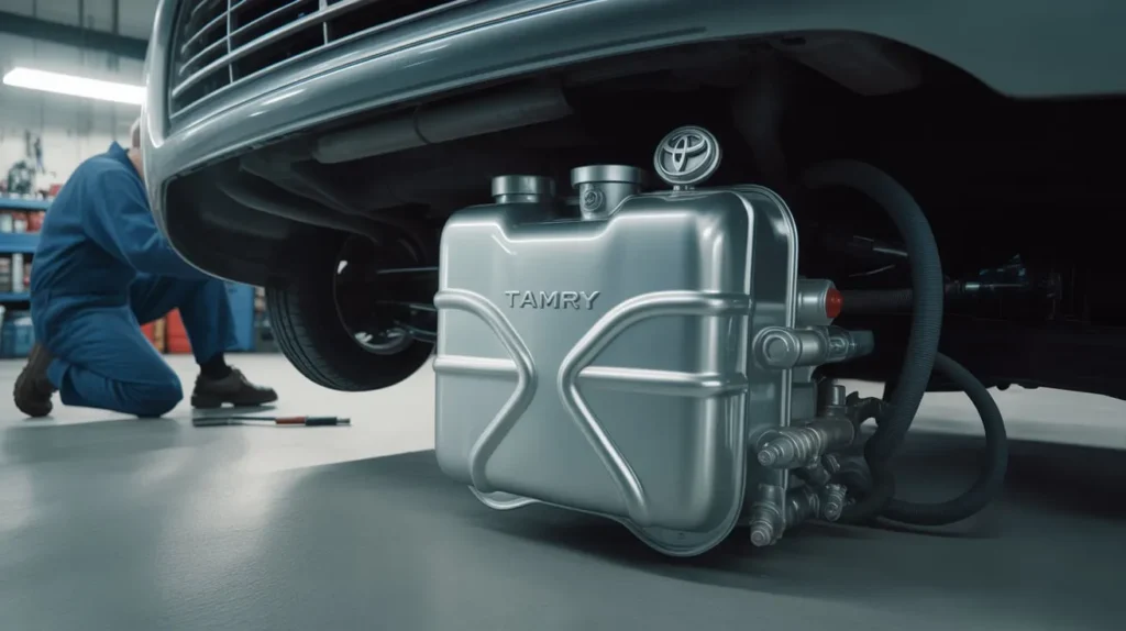 Toyota Camry Fuel Tank Size Explained: detailed view of car’s fuel tank capacity with mechanic inspection in workshop