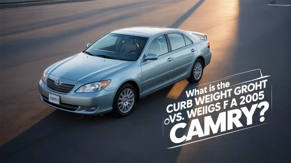 2005 Toyota Camry with text asking: 'What is the Curb Weight vs. Gross Weight of a 2005 Camry?' showcasing the car's design.