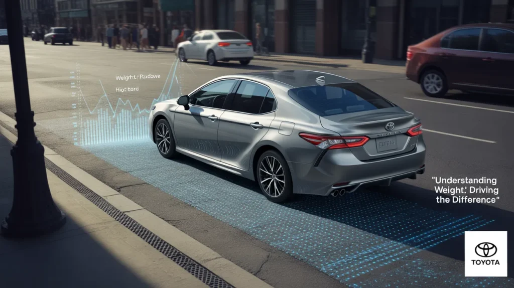 Toyota Camry with digital data showing vehicle weight importance. Learn why vehicle weight matters when buying a used Camry.