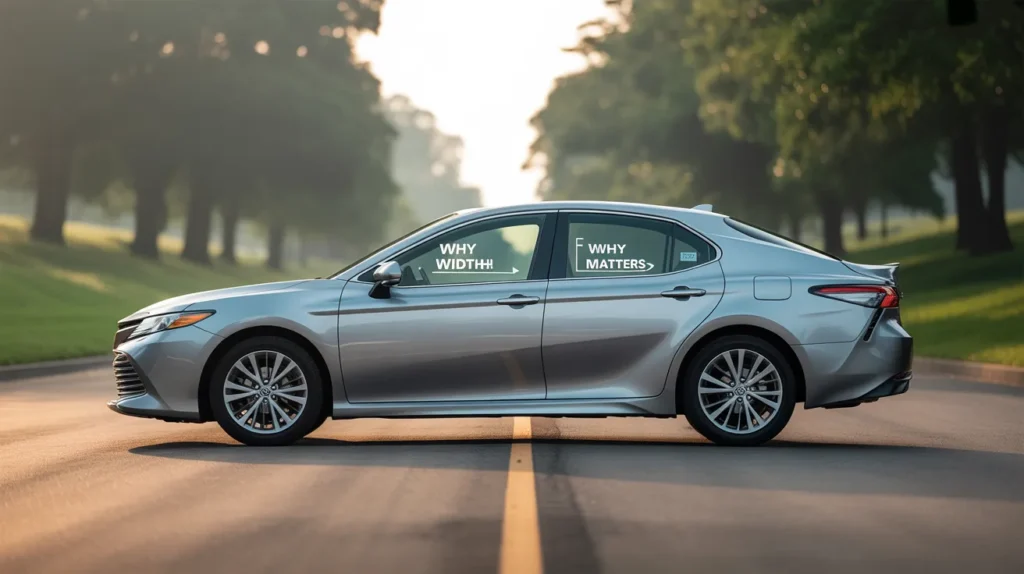 Silver Toyota Camry on road with highlighted text showing “Why Width Matters in the Toyota Camry?