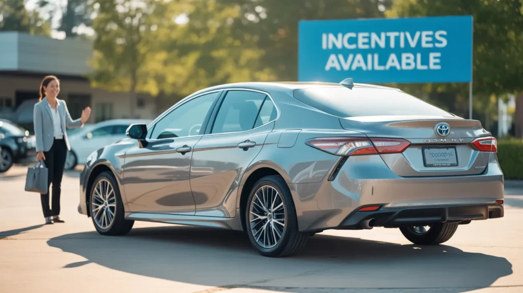 A woman approaches a silver Toyota Camry parked outside a dealership with a sign in the background that reads "Incentives Available.