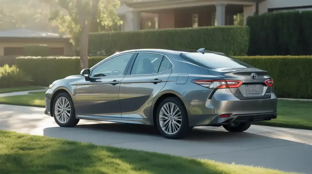 Rear view of Toyota Camry Hybrid parked in suburban driveway – hybrid car ownership and tax incentive concept.