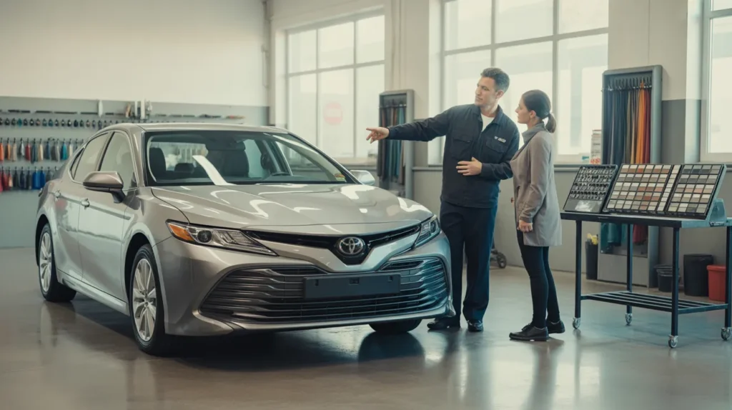 Customer consulting with expert about paint options for a silver Toyota Camry at an auto body shop with color samples.