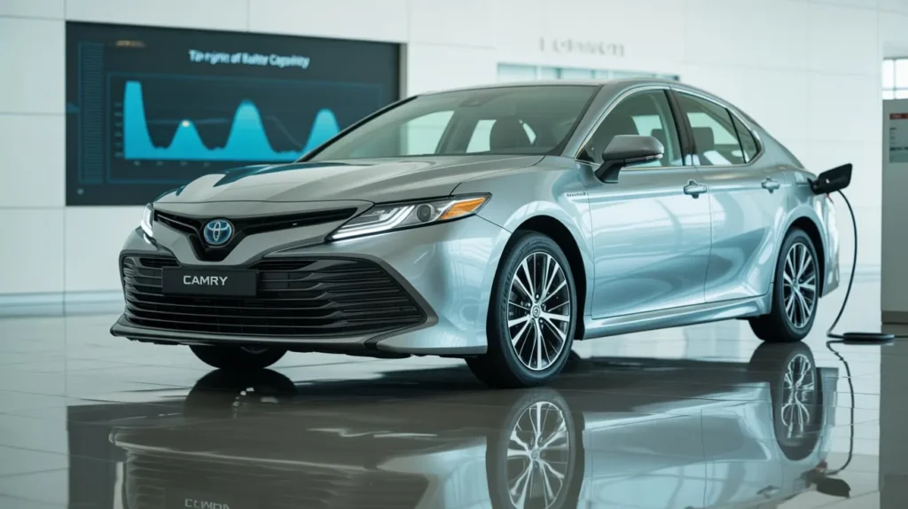 Toyota Camry Hybrid charging indoors with battery capacity chart in background – EV battery eligibility visual.