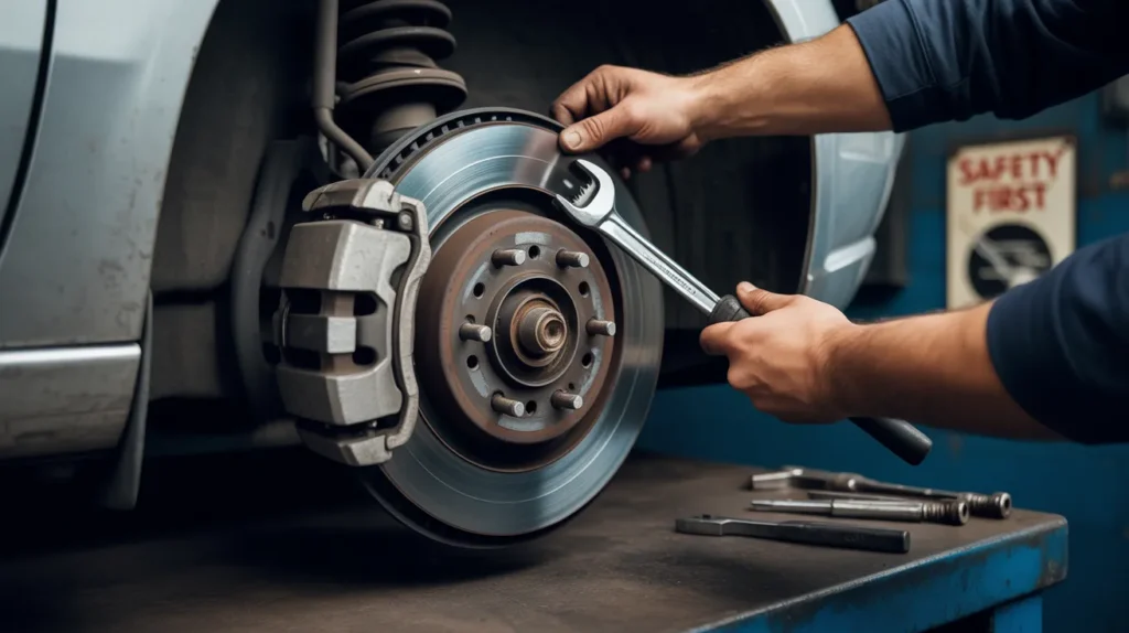 Mechanic replacing Toyota Camry brake pads and rotors, showing cost of brake repair and maintenance for safe driving.