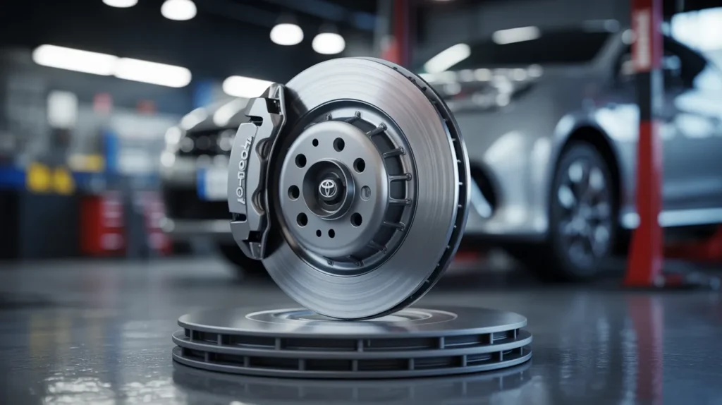 Toyota brake rotor and caliper displayed in workshop with car in background, highlighting quality auto repair and maintenance.