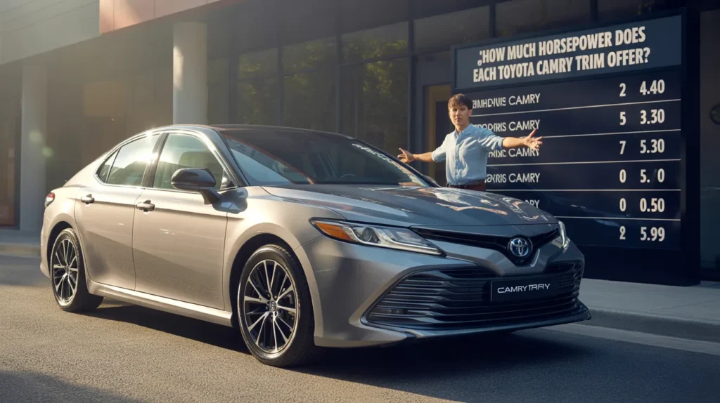 Silver Toyota Camry parked on street, illustrating “How Much Horsepower Does Each Toyota Camry Trim Offer?” with trim performance focus.