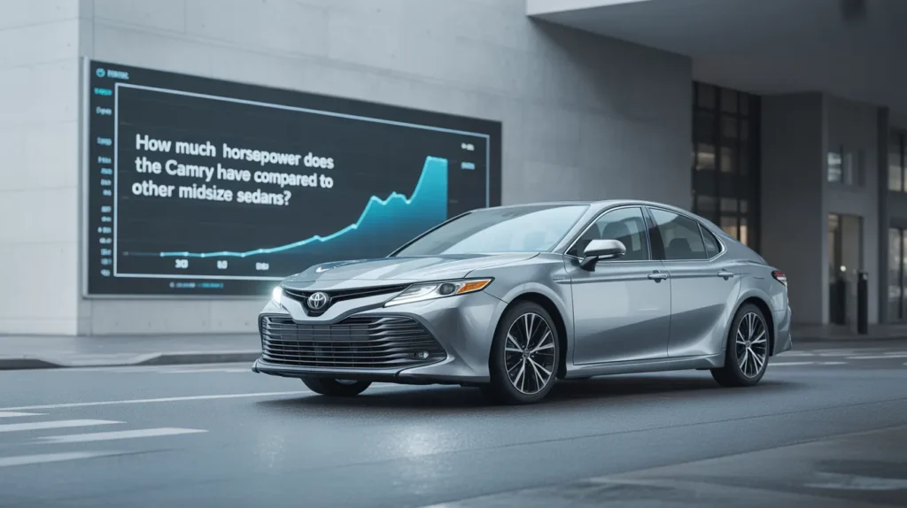 Silver Toyota Camry parked in city, representing horsepower comparison with other midsize sedans for performance insights.