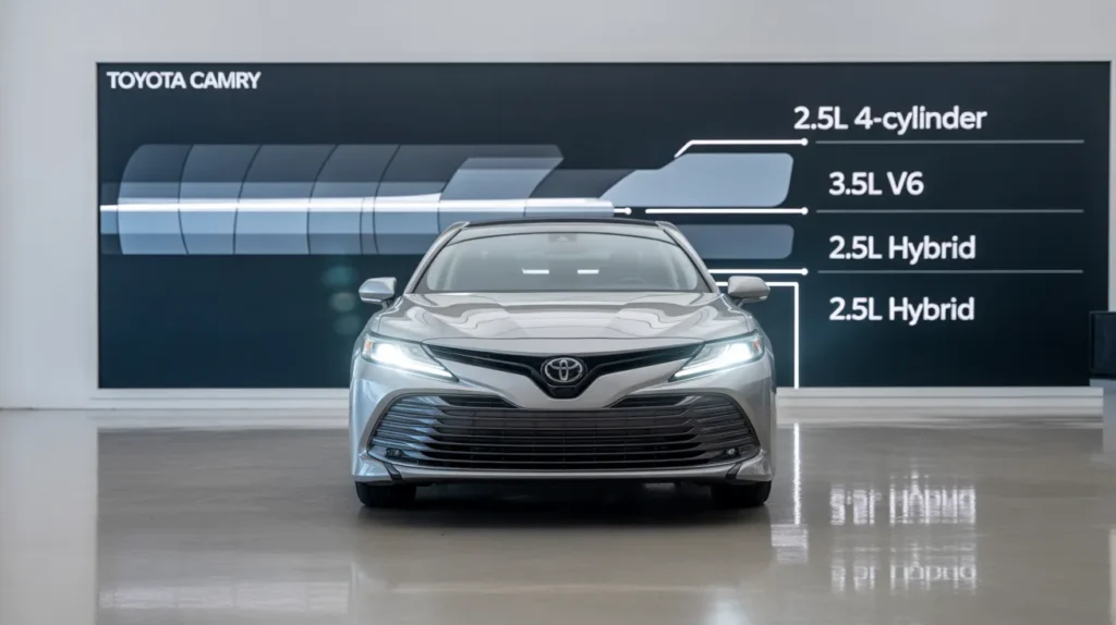 Front view of Toyota Camry with display showing 2.5L 4-cylinder, 3.5L V6, and 2.5L hybrid engine options.
