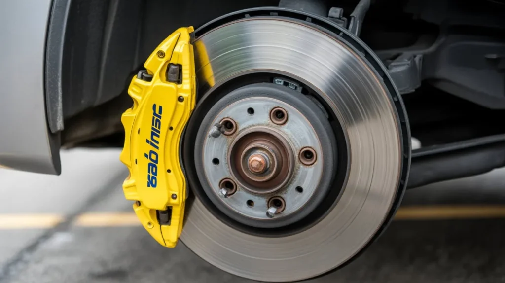 Yellow brake caliper with drilled rotor on car wheel assembly, showing detailed view of braking system components and performance parts.