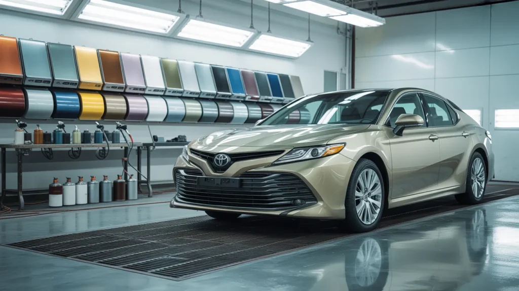 Beige Toyota Camry in auto paint booth with color samples and spray bottles, showcasing various car paint options.