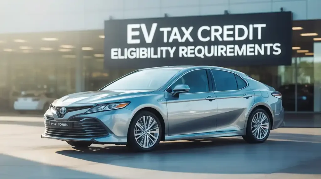 toyota Camry Hybrid parked outside dealership with EV tax credit eligibility sign in background – tax credit guide image.